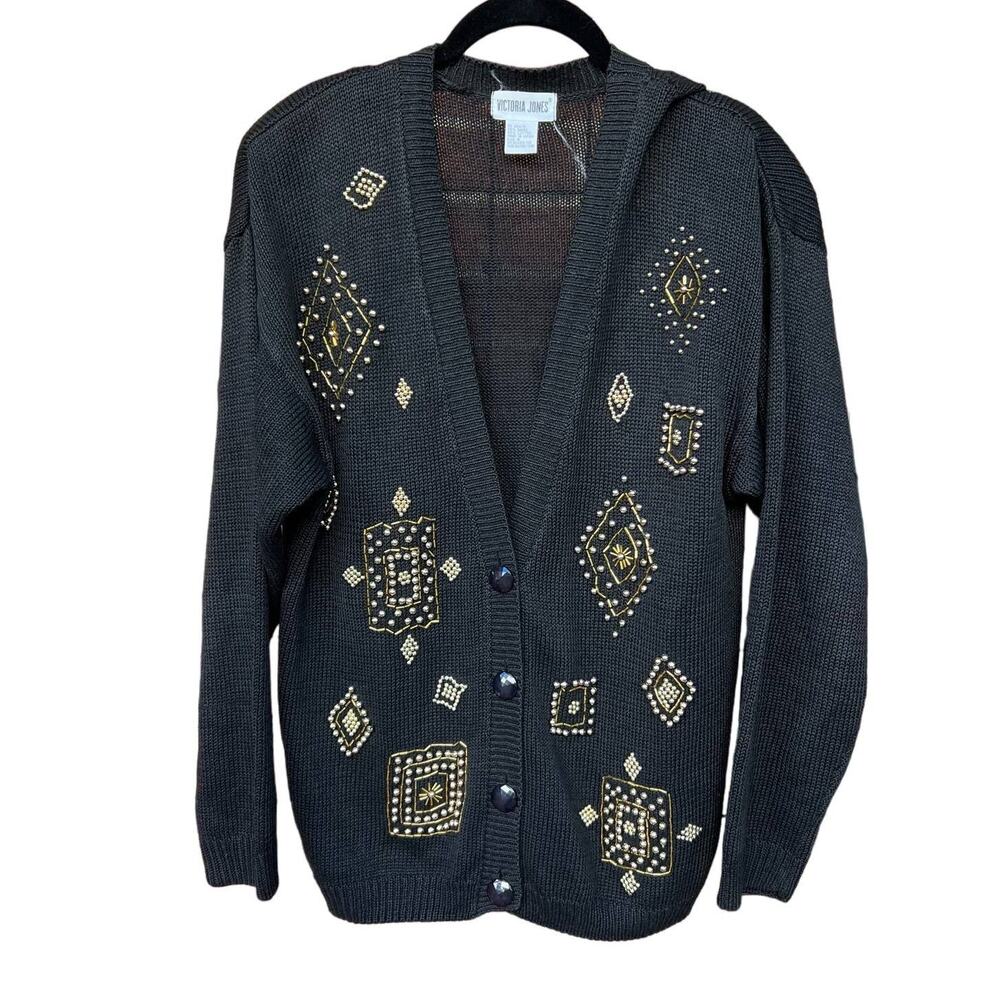 Victoria Jones Vintage Black Beaded Chunky Knit Button Cardigan Sweater, M